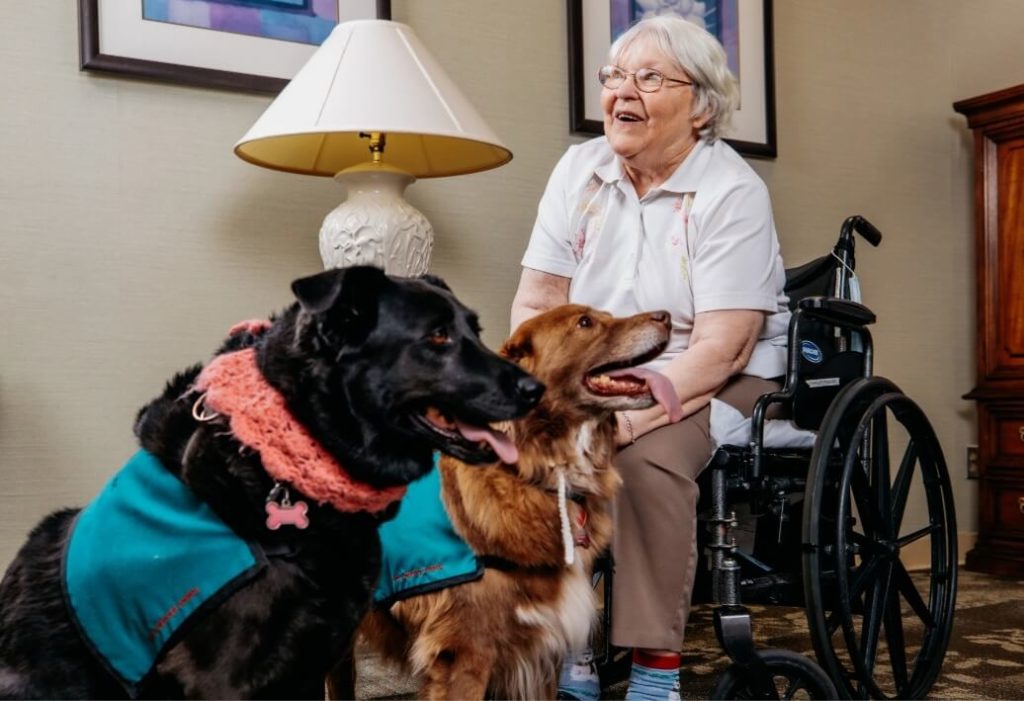Resident enjoying time with therapy dog